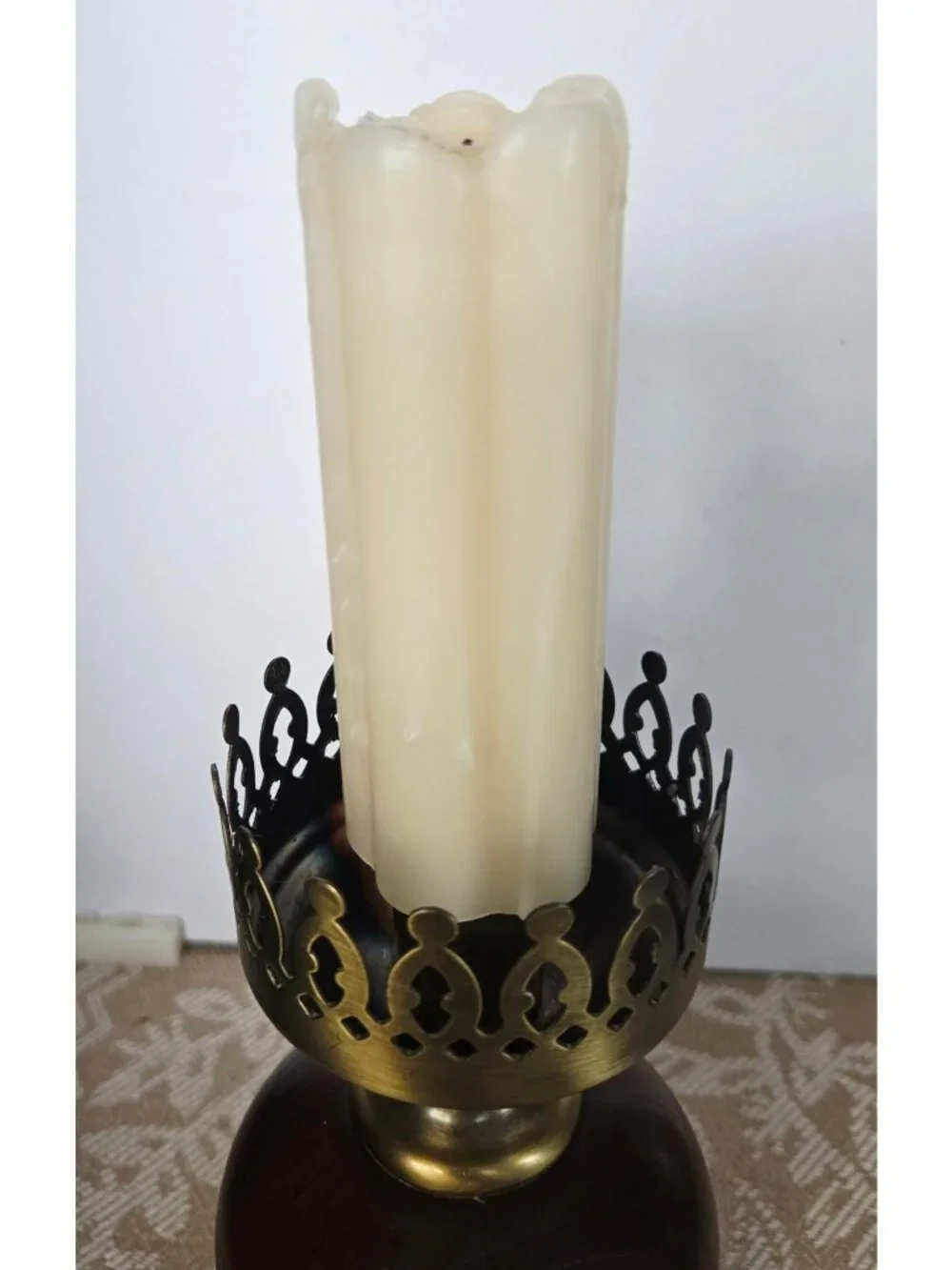 Vintage Hurricane Lamp, Glass Chimney Brass and Wood- Rustic Candle Holder